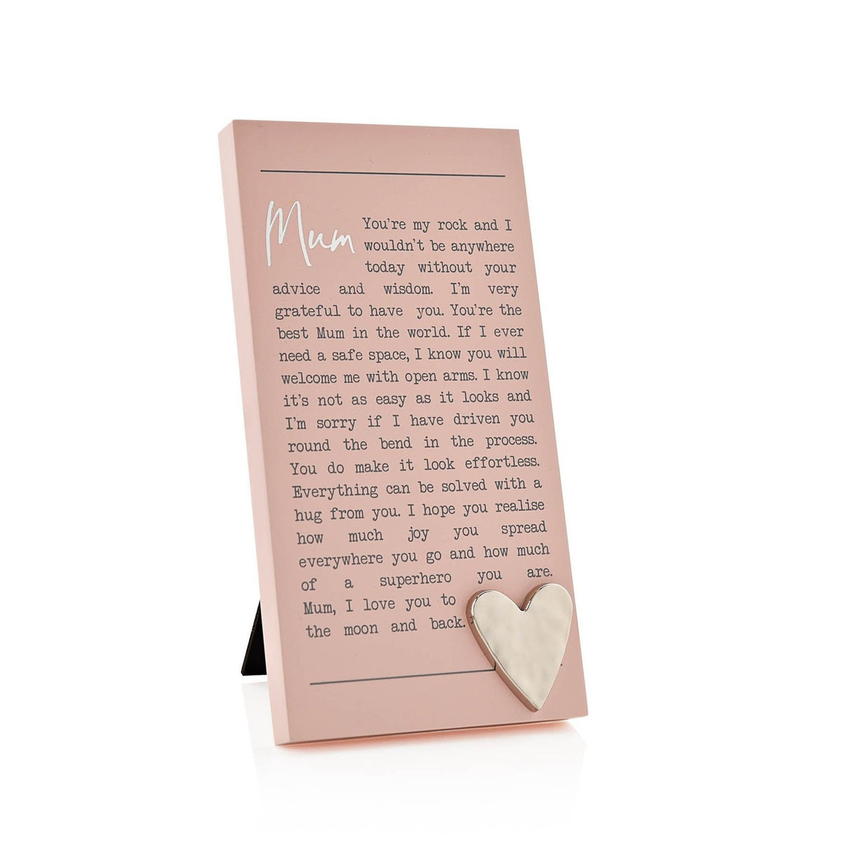 Mum Printed Message Standing Plaque with Silver Heart - Pink