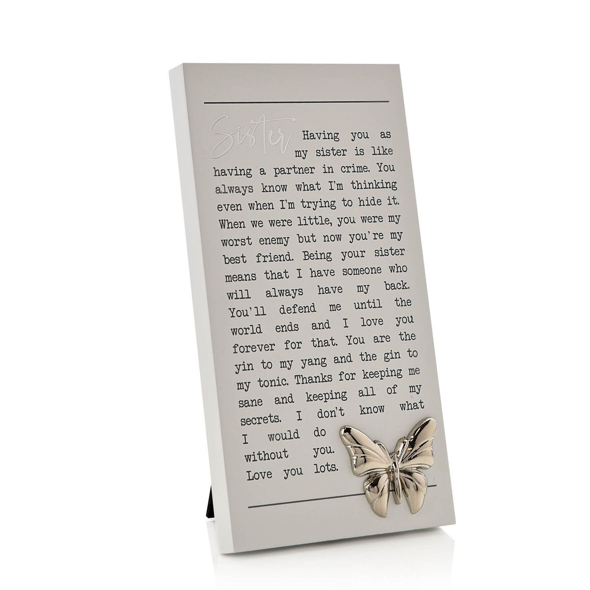 Sister Wooden Standing Plaque with Silver Butterfly - Grey