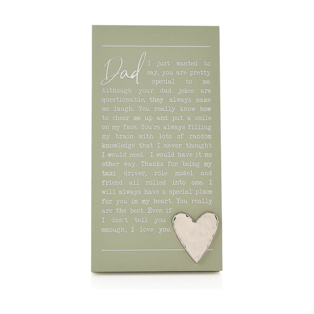 Green wooden standing plaque with a heartfelt "Dad" message in white script text and a raised silver heart in the lower corner, shown on a plain white background.