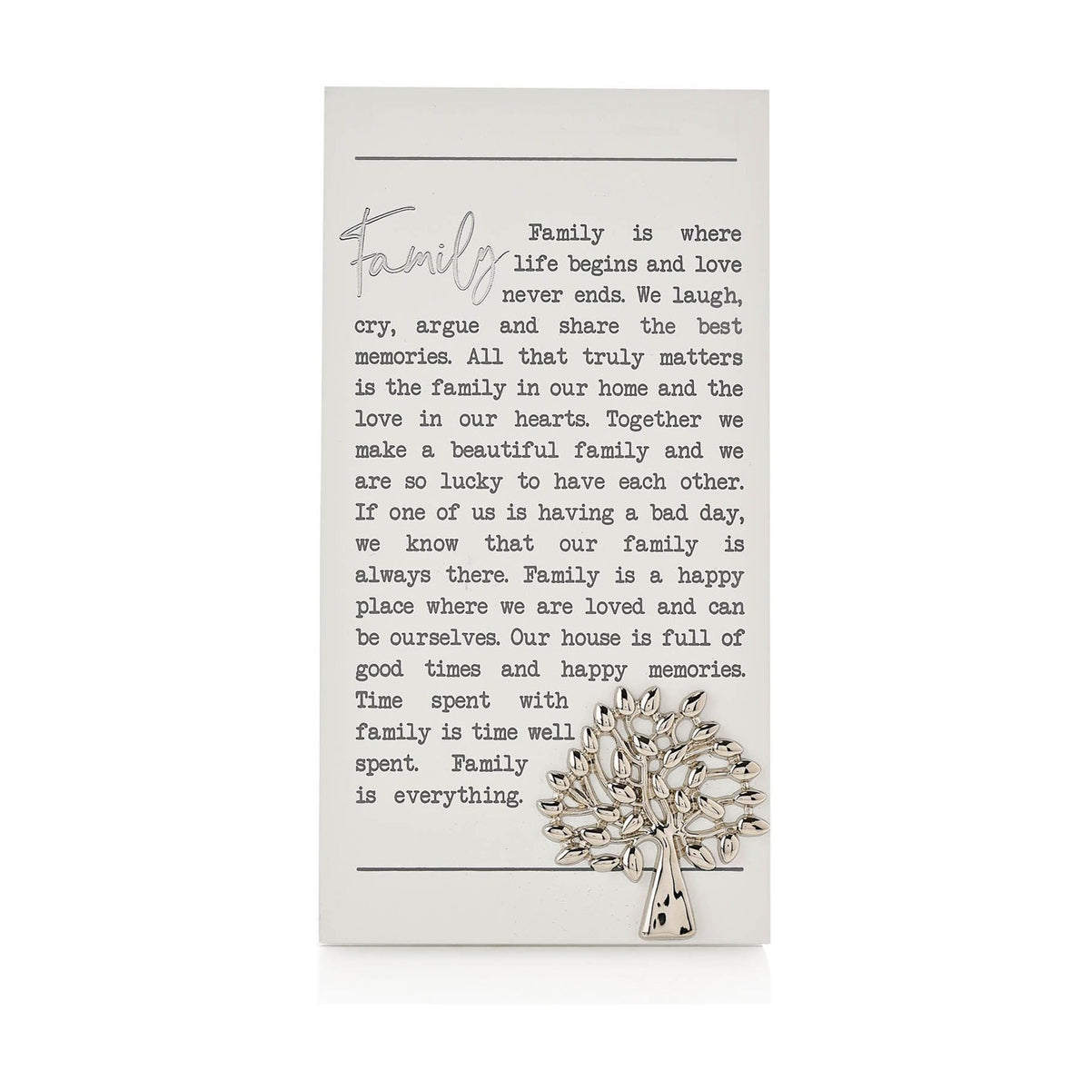 Family Quote Standing Wooden Plaque with Silver Tree - White