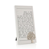 Family Quote Standing Wooden Plaque with Silver Tree - White