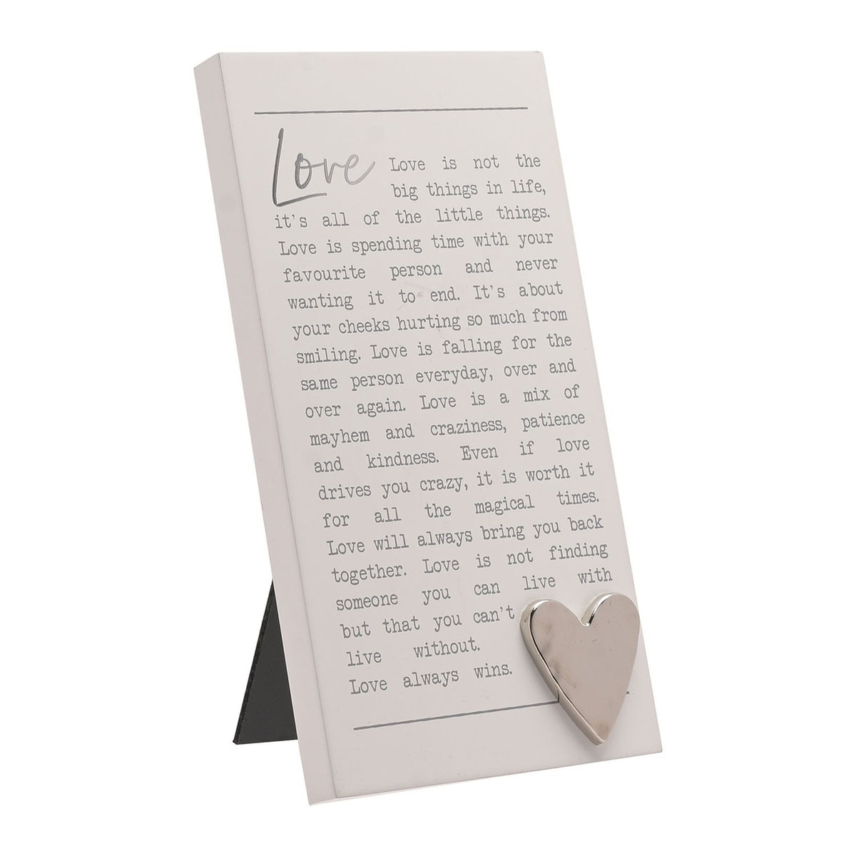 Love Verse Standing Wooden Plaque with Silver Heart - White