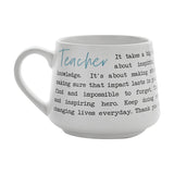 White stoneware mug with a wraparound thank-you verse for teachers in black typewriter-style text, "Teacher" in blue script by the handle, matt white finish, plain background.