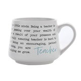 White stoneware mug with wraparound teacher thank-you verse in black typewriter-style text and "Teacher" in blue script beside the handle, matt white finish, plain background.