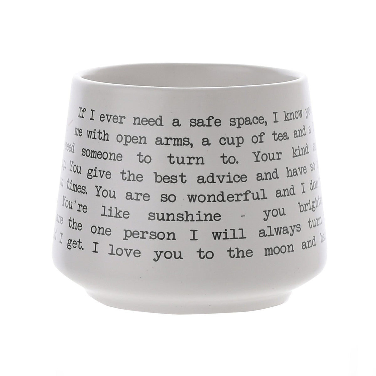 White matt stoneware mug with tapered shape, wrapped in a black typewriter-style verse for Grandma, shown on a plain background.