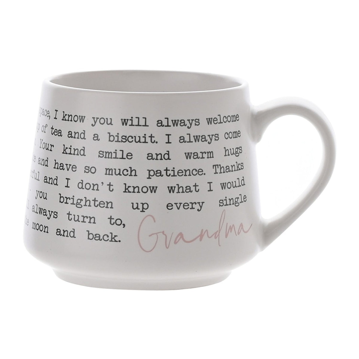 White matt stoneware mug with tapered shape and handle, featuring a black typewriter-style verse for Grandma and the name in pink script, shown on a plain white background.