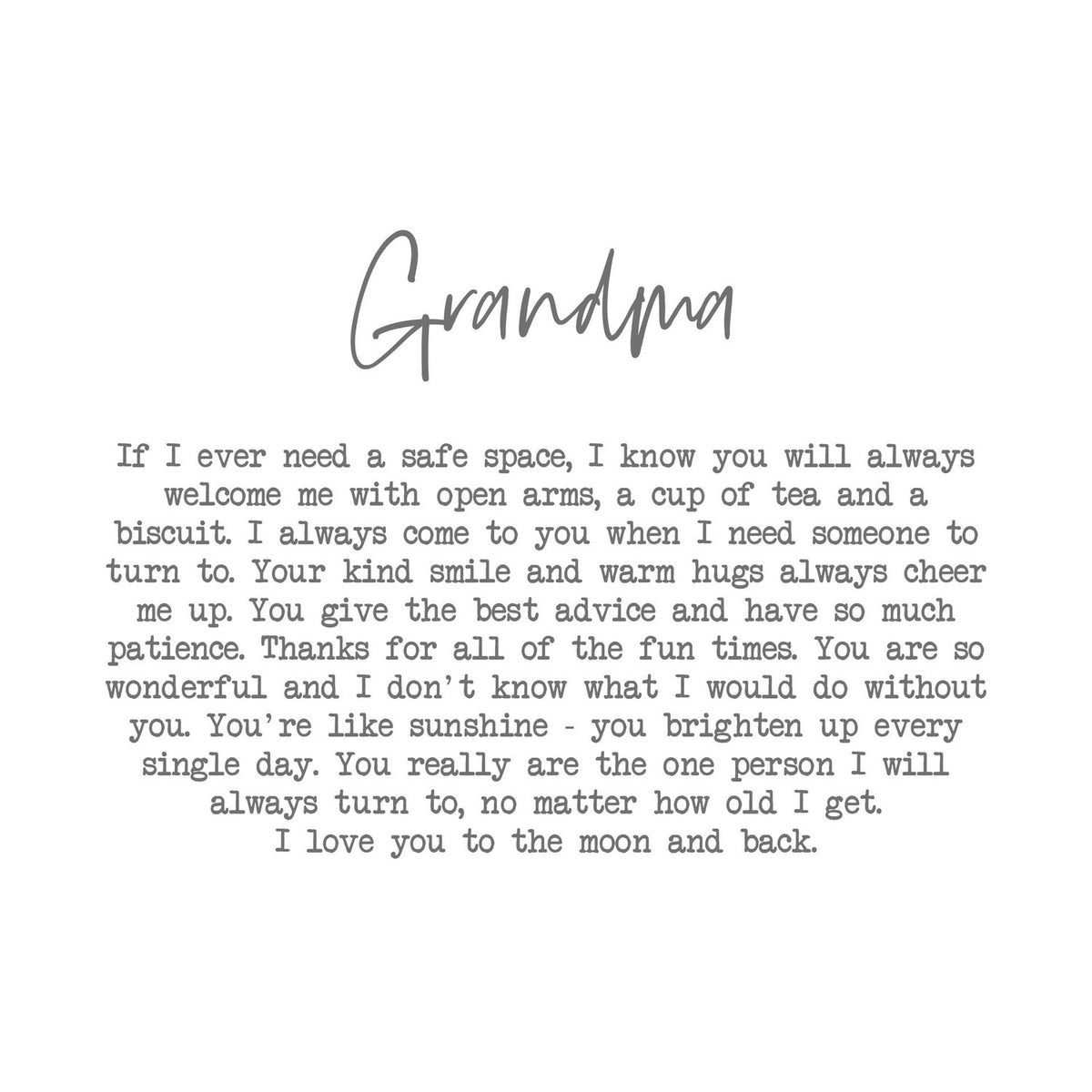 White stoneware mug design preview showing "Grandma" script and wraparound verse in black typewriter font on a plain white background.