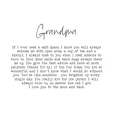 White stoneware mug design preview showing "Grandma" script and wraparound verse in black typewriter font on a plain white background.