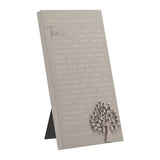 Grey wooden standing plaque with a Teacher verse in white script text and a raised silver tree detail in the lower corner, shown on a plain white background.