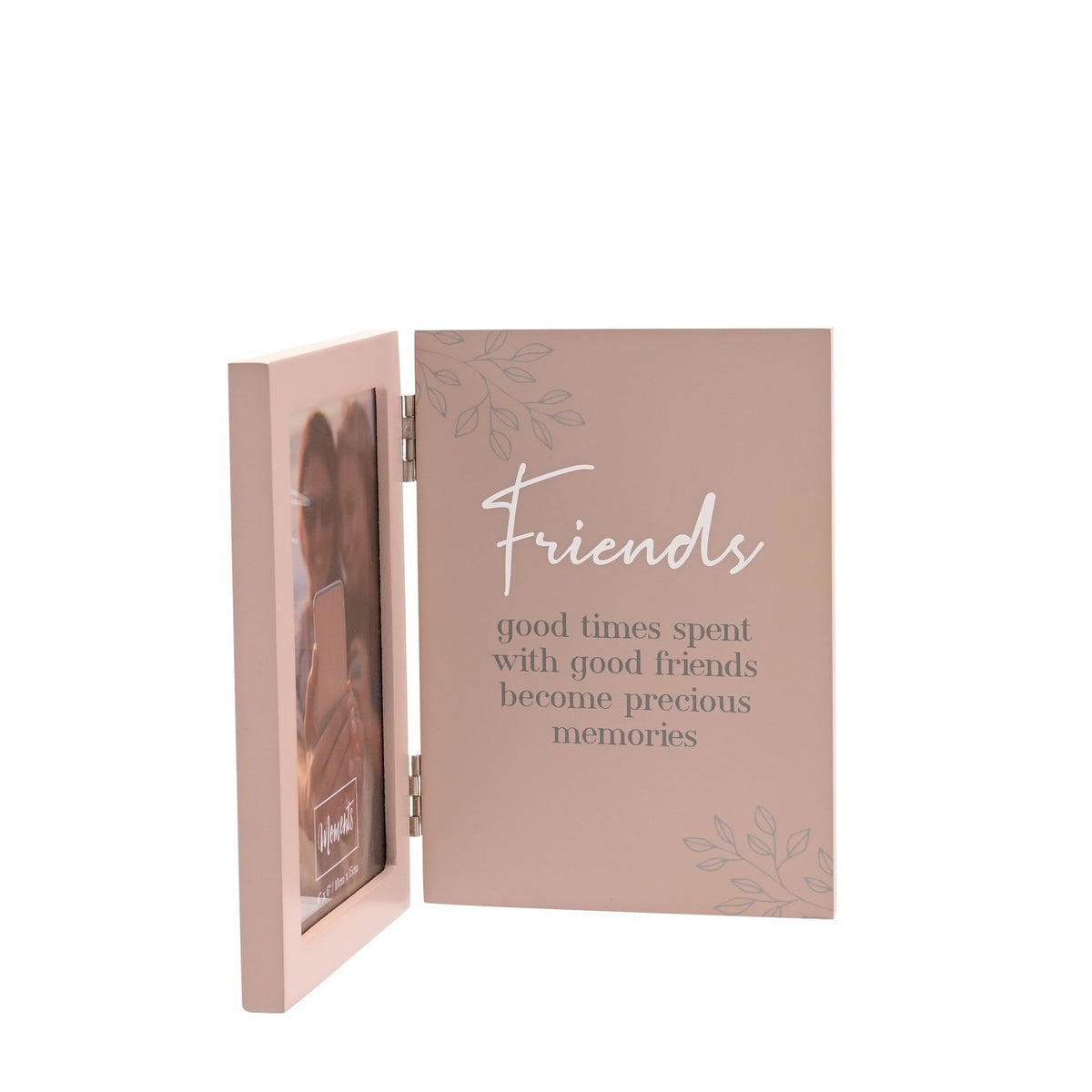 Hinged matt wooden photo frame in pink, 6 x 4in, open book-style with a photo on one side and "Friends" verse in white script on the other, shown on a white background.