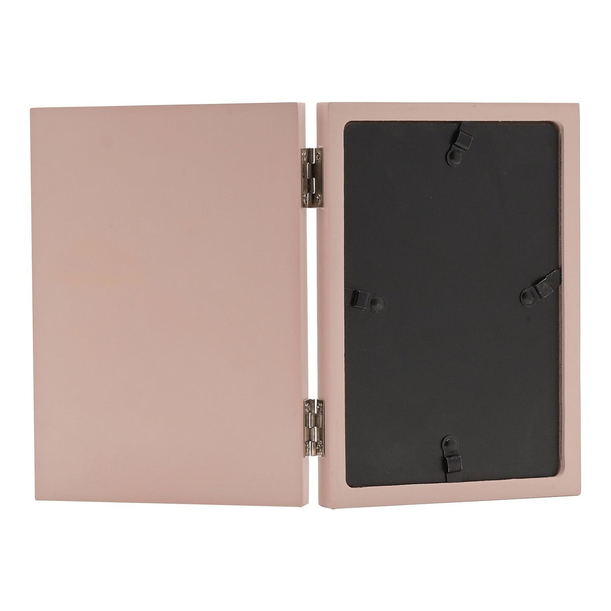 Open hinged wooden photo frame in matt pink, shown from the back with metal hinges and stand clips, on a plain white background.