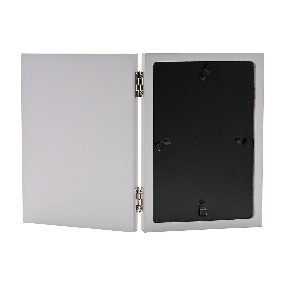 Sister Verse hinged photo frame in grey, shown open with black velvet backing and easel-style metal stands visible, 6 x 4in portrait opening, plain white background.