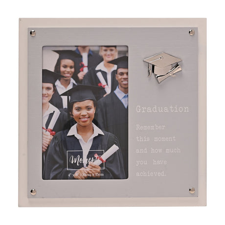 Square two-layer wooden photo frame in grey and cream, holding a 6 x 4in graduation photo beside a silver cap charm and "Graduation" lettering with a heartfelt message.
