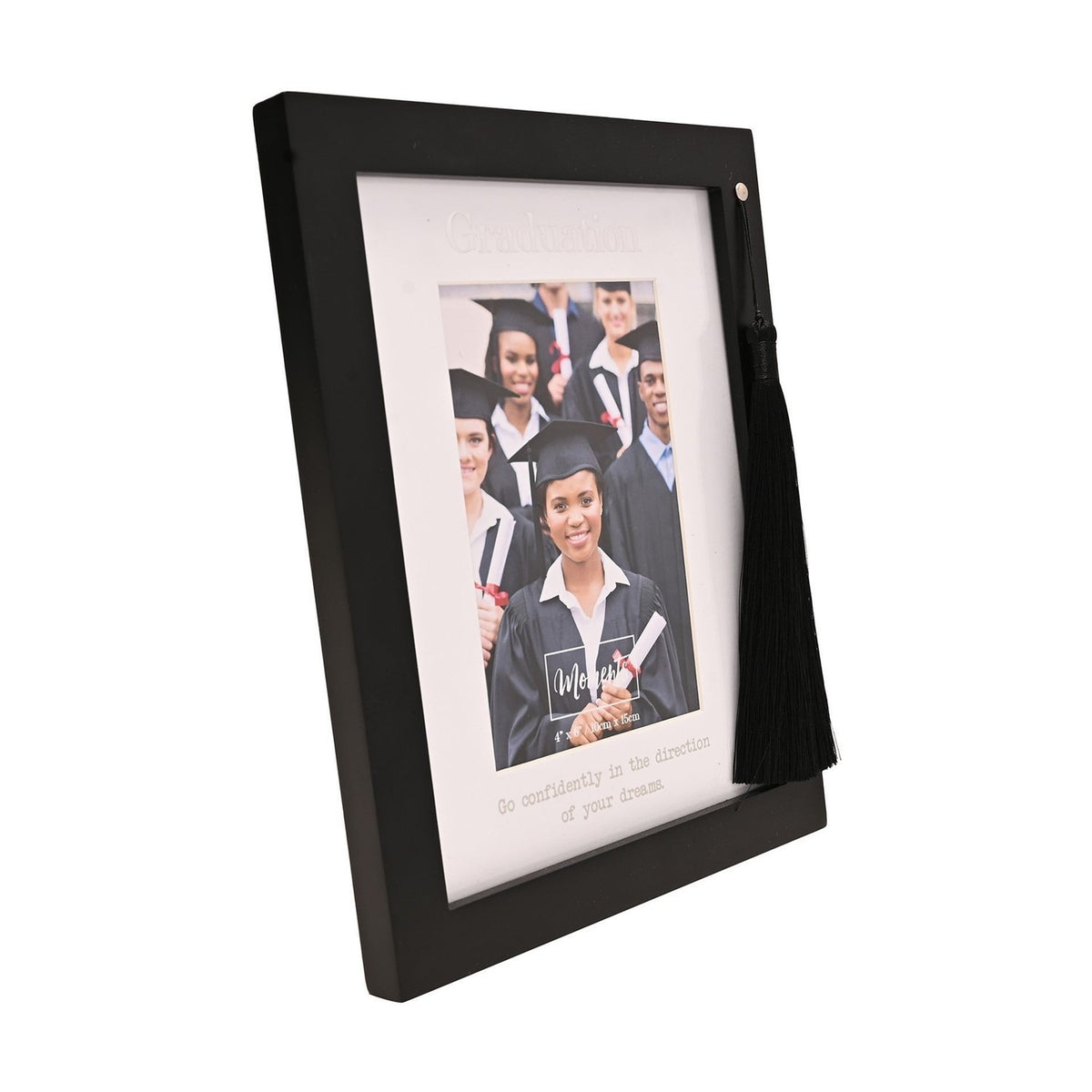 Black wooden Graduation photo frame for a 6 x 4in photo, with white mount, "Graduation" lettering, and a black tassel hanging from a silver stud, shown at an angle on a white background.
