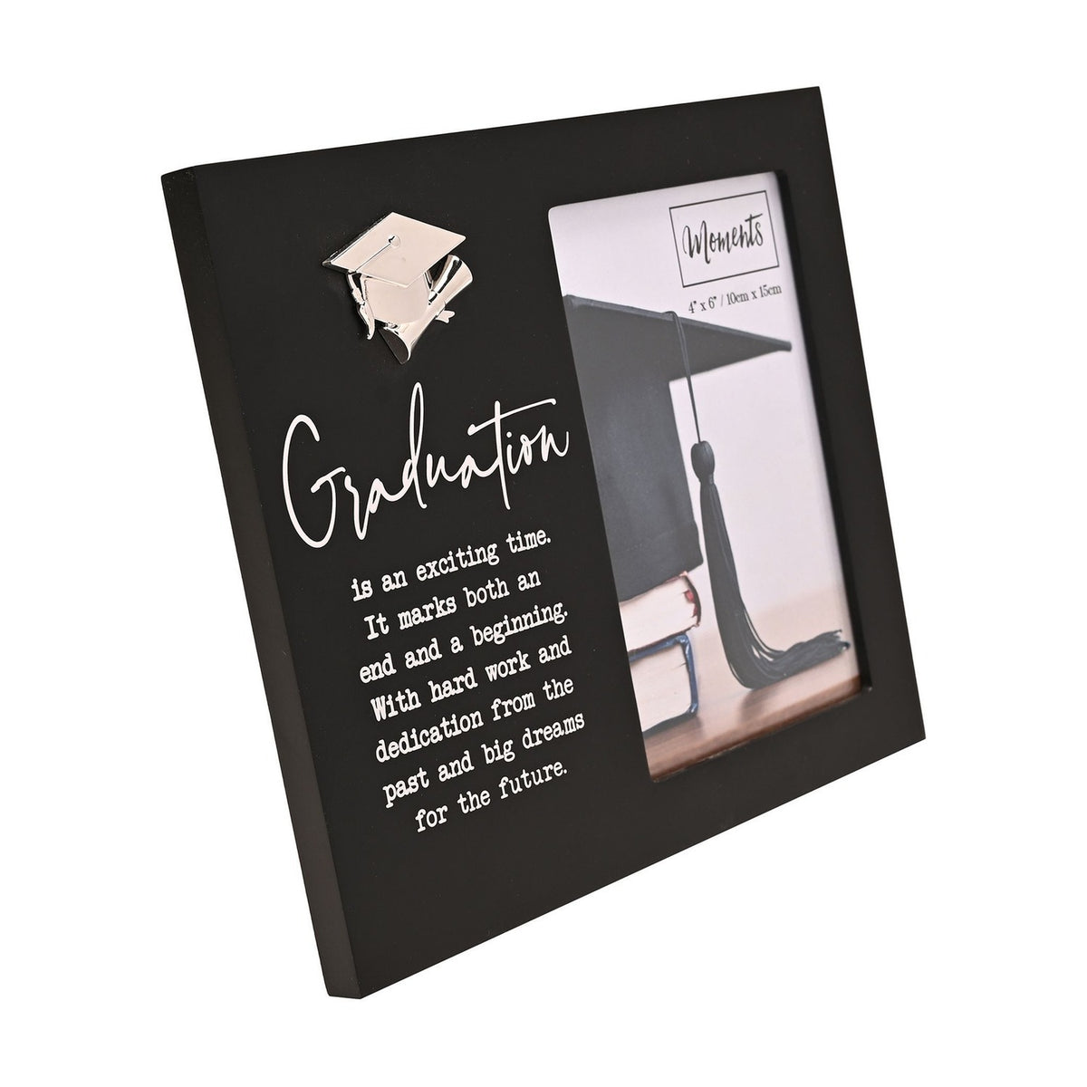 Graduation Wooden Photo Frame with Icon 6 x 4in - Black & Silver