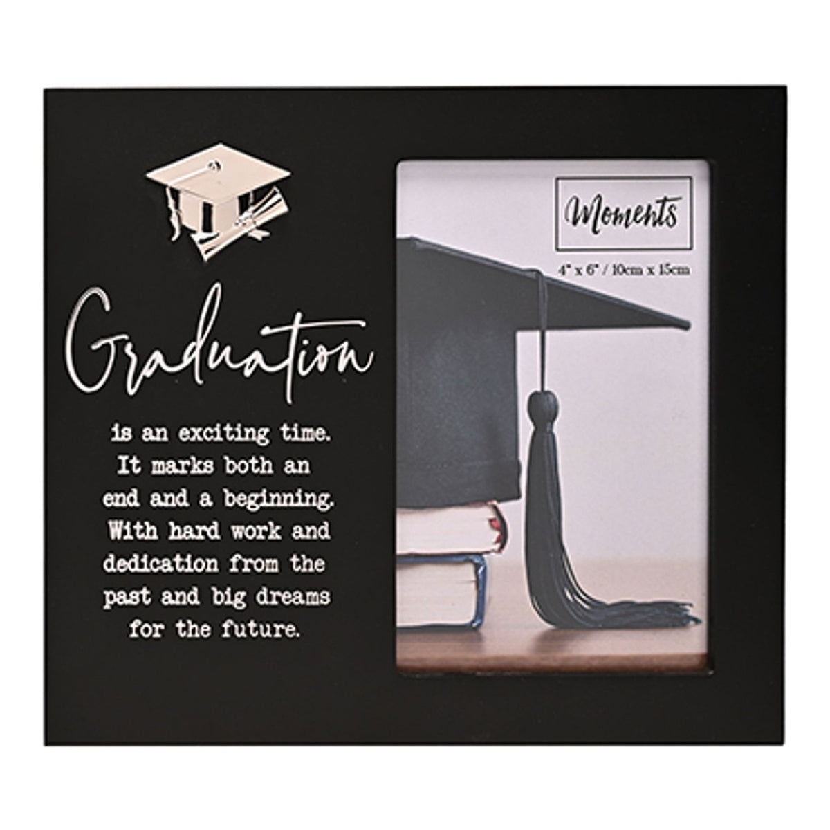 Graduation Wooden Photo Frame with Icon 6 x 4in - Black & Silver