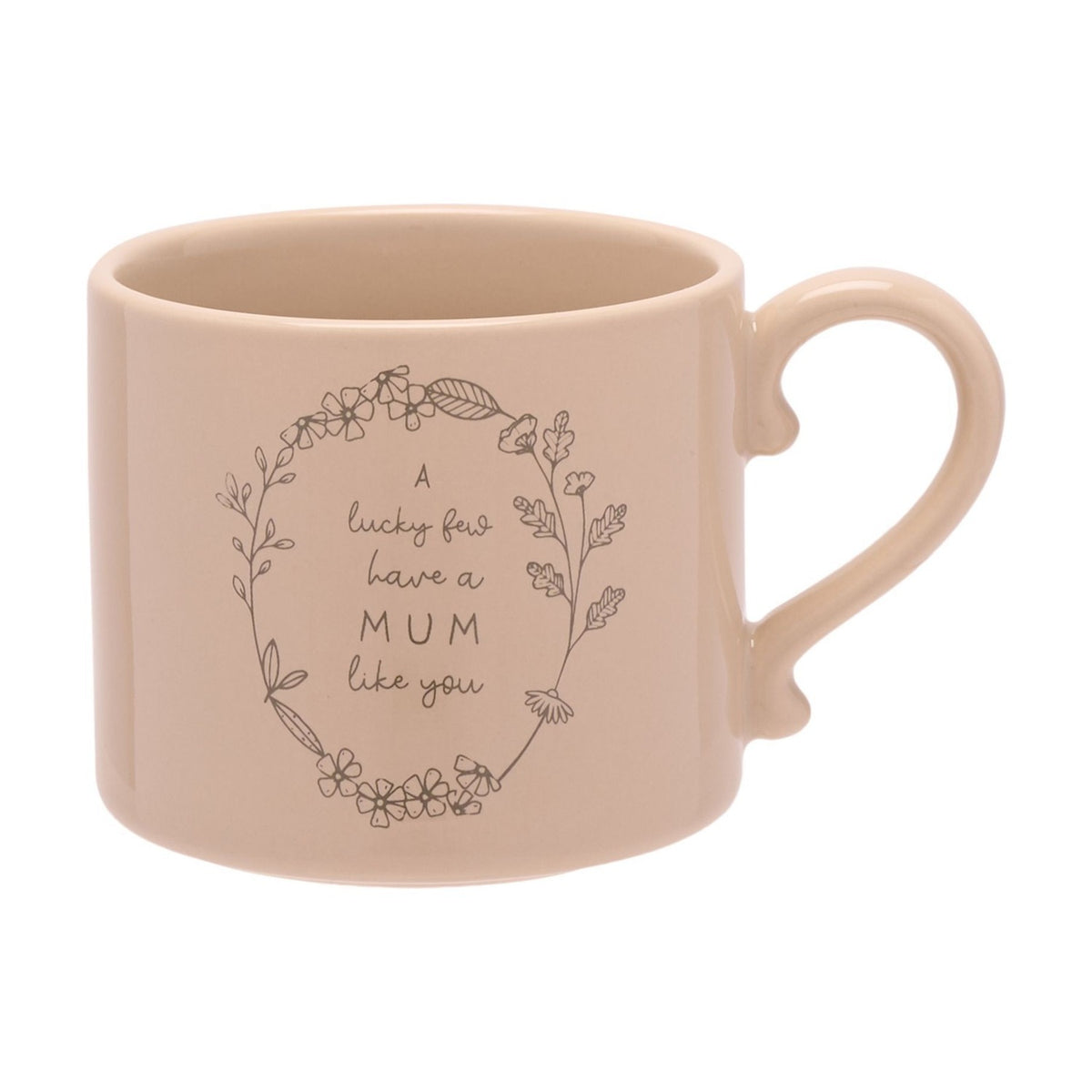 Brown stoneware mug with curled loop handle, featuring a line-drawn floral wreath and "A lucky few have a MUM like you" text, shown on a plain white background.