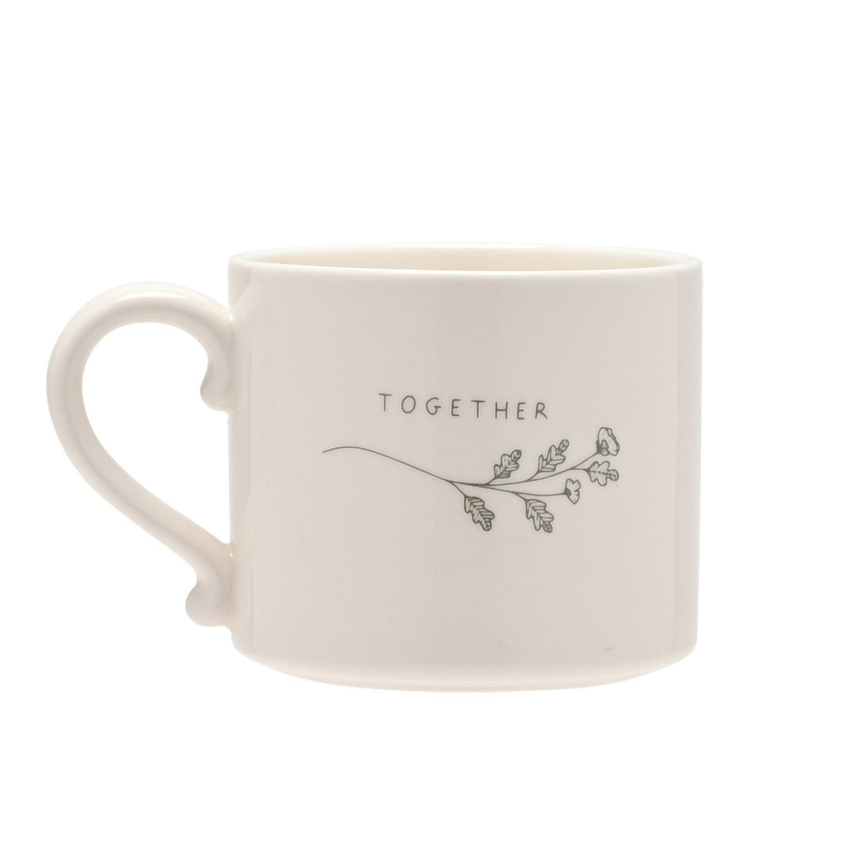 White glazed stoneware mug with a curled handle, printed "TOGETHER" text and a fine grey floral sprig design, shown on a plain white background.