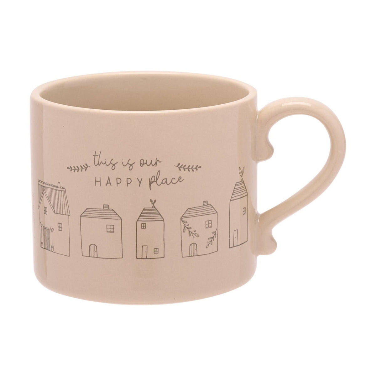 Happy Place Line-Drawn Houses Glazed Stoneware Mug - Brown