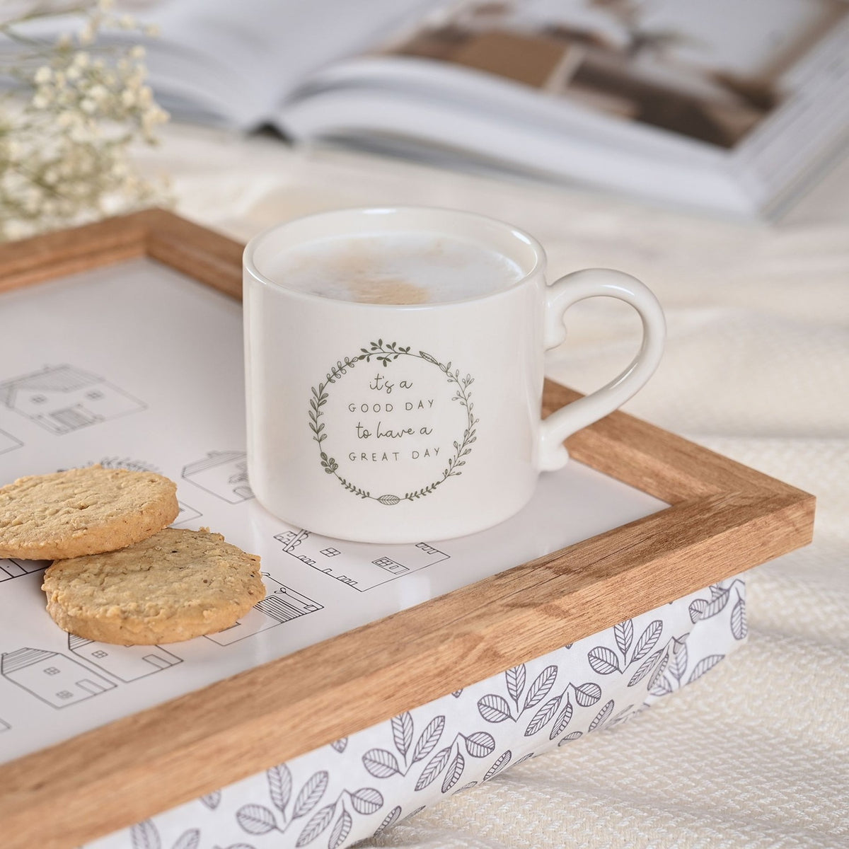 Great Day Wreath Stoneware Mug with Scroll Handle - White