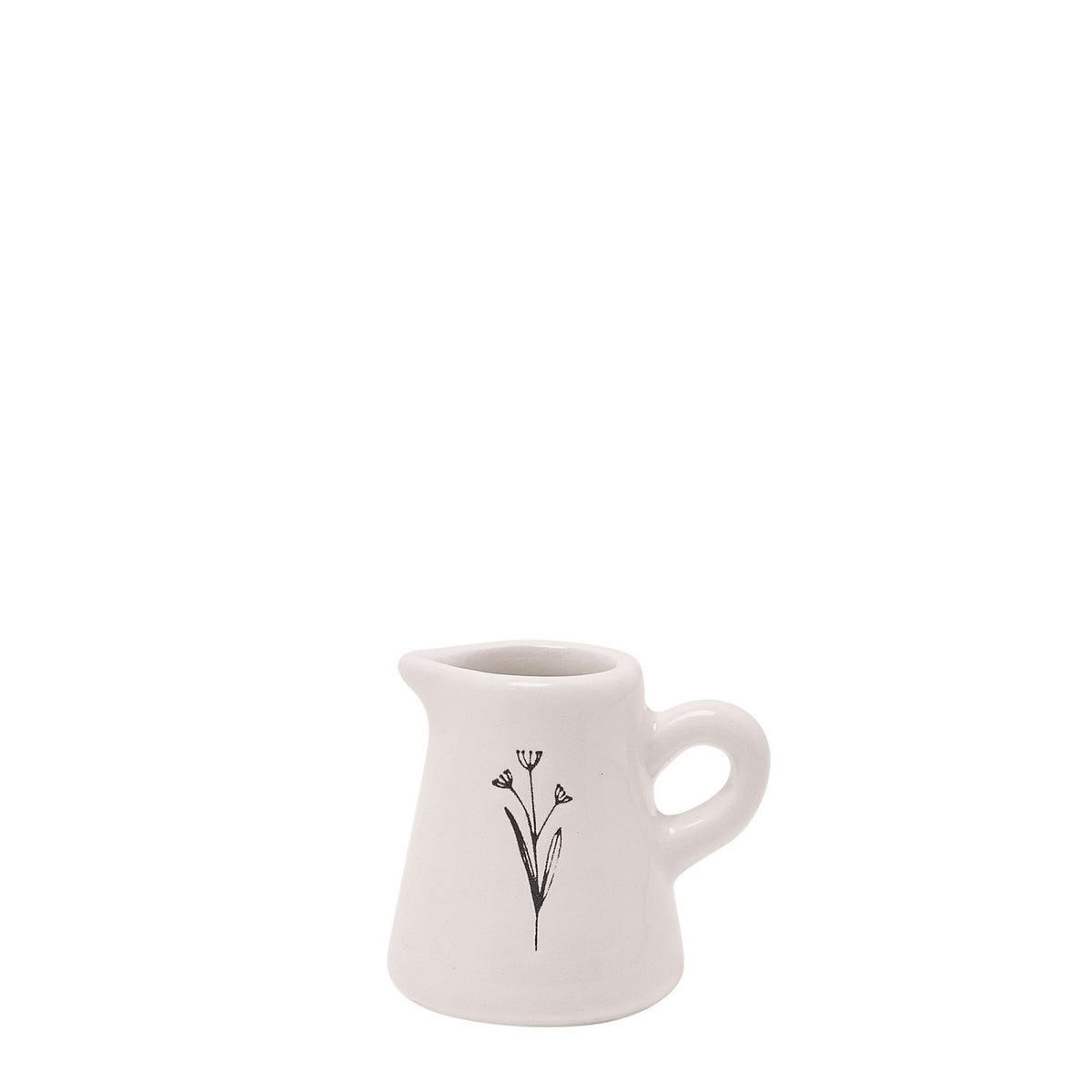 Off-white glazed ceramic mini jug ornament with curved handle and a fine black flower stem sketch on the front, shown on a plain white background.