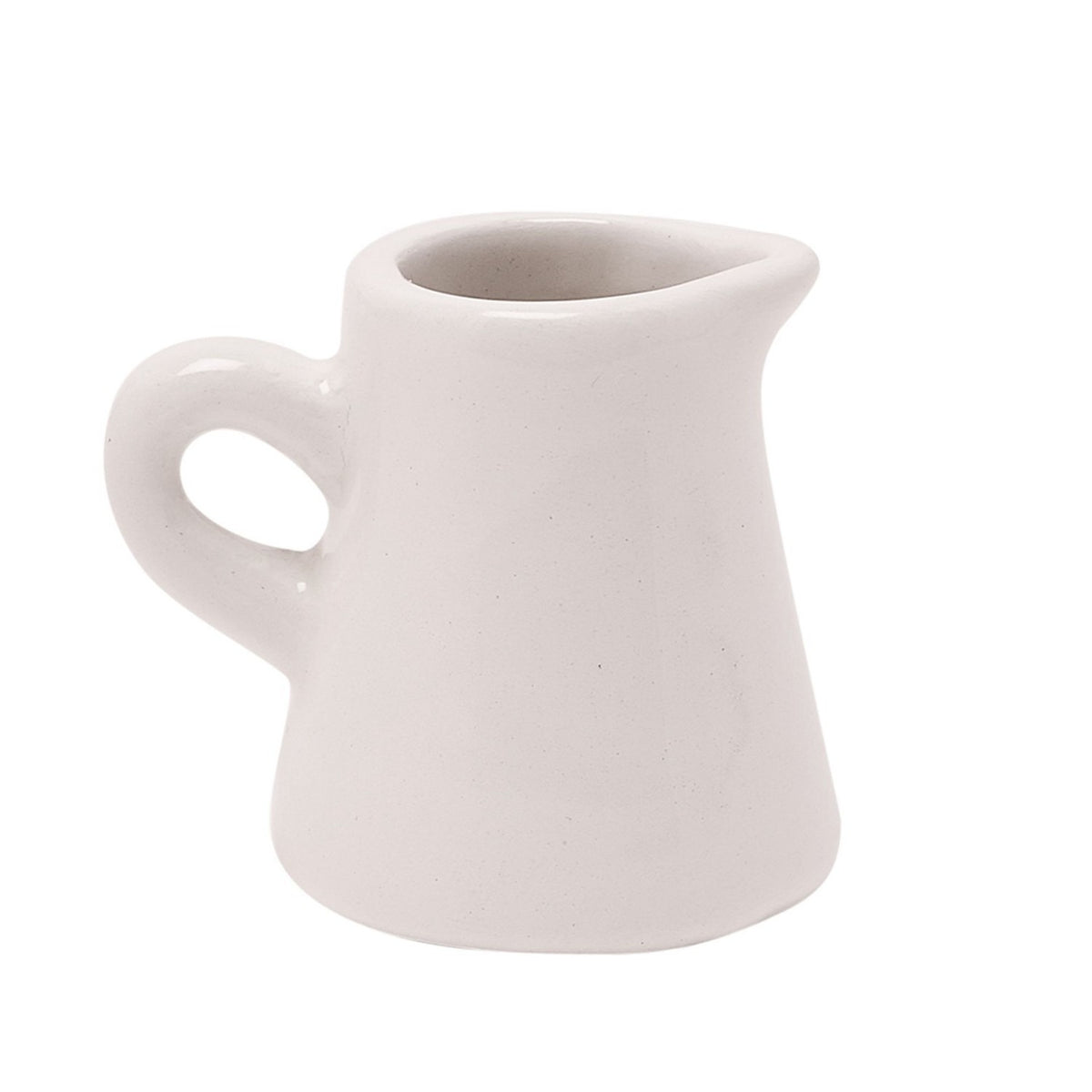 Mini ceramic jug ornament in off-white glaze with a curved handle and pouring spout, shown plain side forward against a white background.