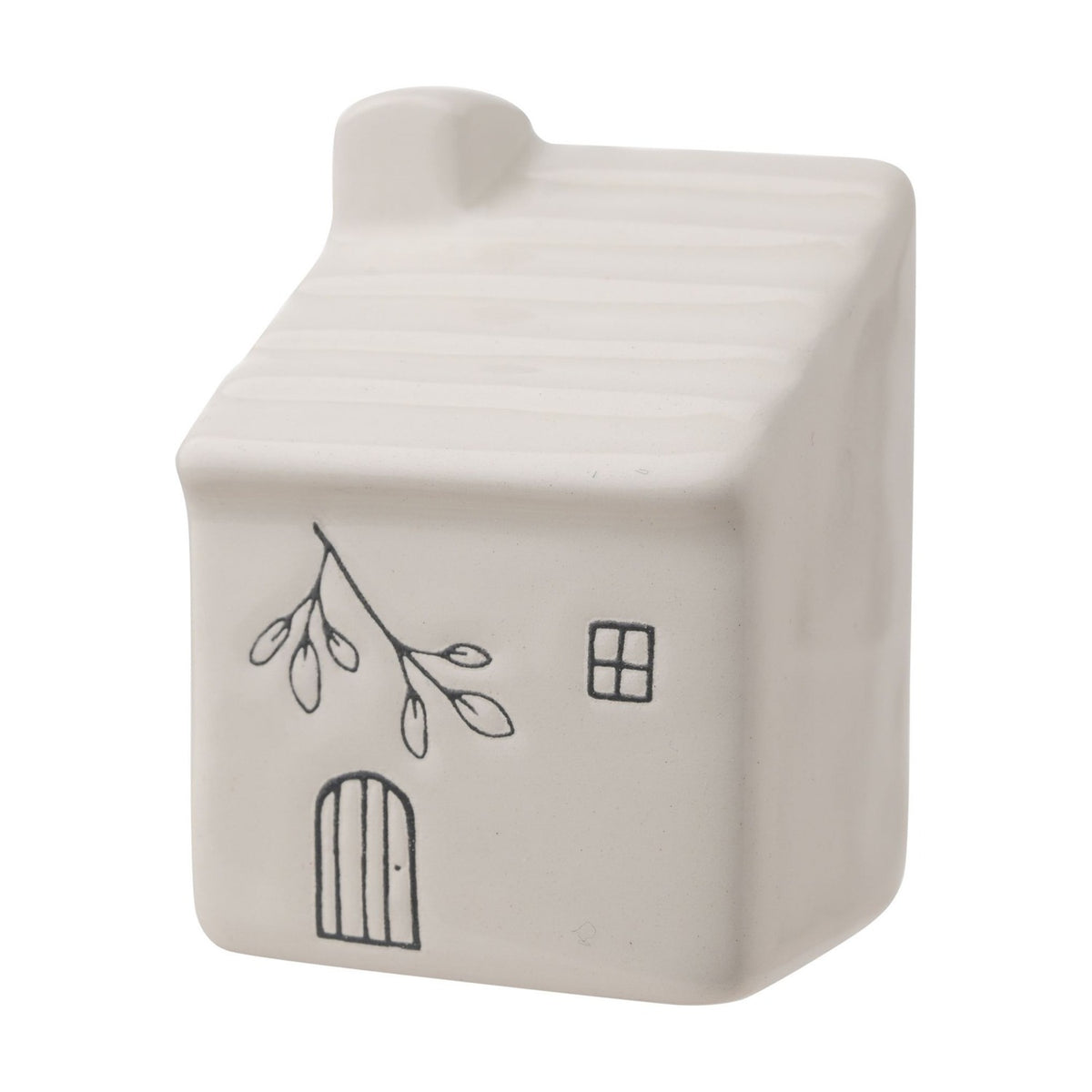 White ceramic mini house ornament with ribbed roof, chimney, and line-drawn door, window, and leaf branch design, shown on a plain white background.