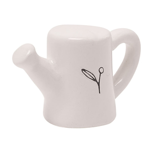 Sprig Motif Ceramic Mini Watering Can Ornament in off white, with a glossy rounded body, angled spout, curved loop handle, and a sprig design, on a plain white background.