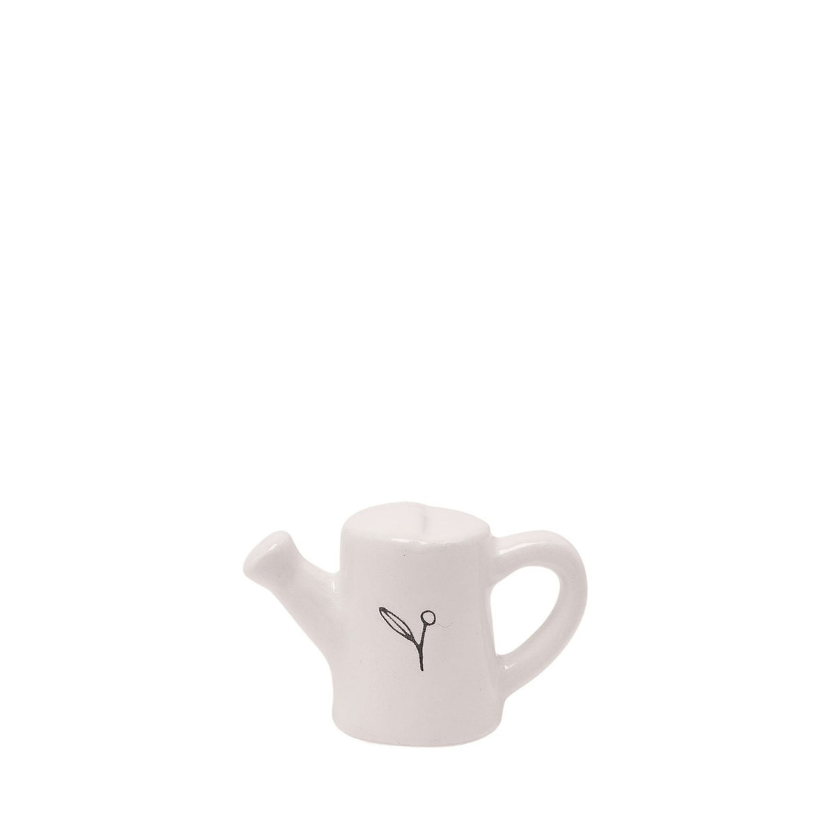Mini ceramic watering can ornament in off-white, with a rounded body, short angled spout, curved loop handle, and a sprig motif on the side, shown on a plain white background.