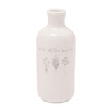 Off white ceramic bud vase in a bottle shape with rounded shoulders and short neck, printed with "Pick of the bunch" script and three grey floral line illustrations, on a plain white background.