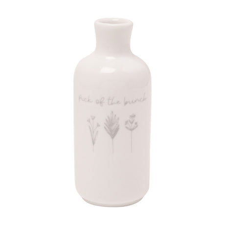 Off white ceramic bud vase in a bottle shape with rounded shoulders and short neck, printed with "Pick of the bunch" script and three grey floral line illustrations, on a plain white background.