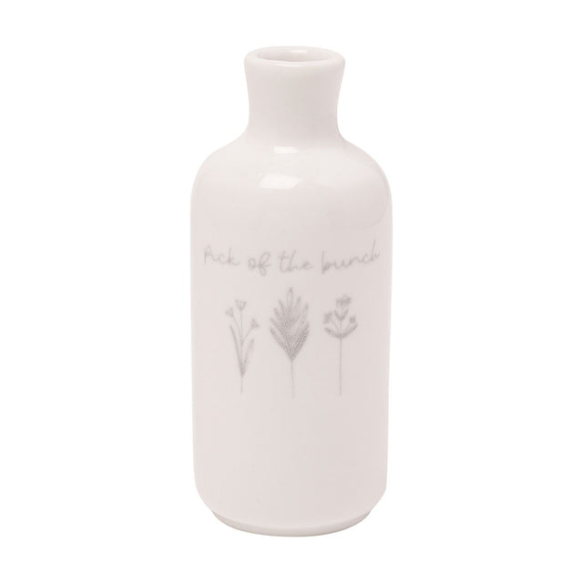 Off white ceramic bud vase in a bottle shape with rounded shoulders and short neck, printed with "Pick of the bunch" script and three grey floral line illustrations, on a plain white background.