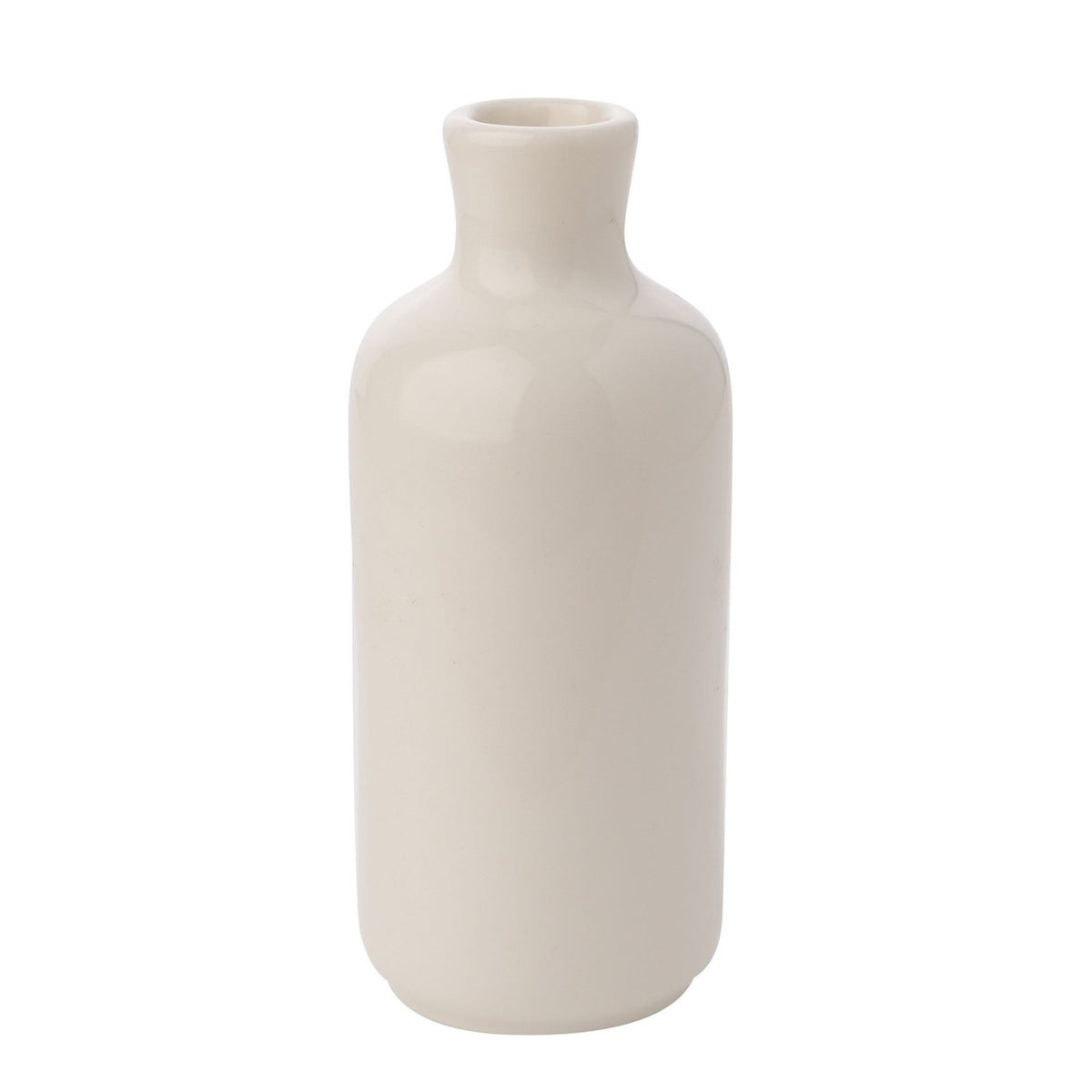 Pick of the Bunch Ceramic Bud Vase 10cm in off-white, bottle-shaped with rounded shoulders, short neck and rolled lip, glossy finish, shown on a plain white background.