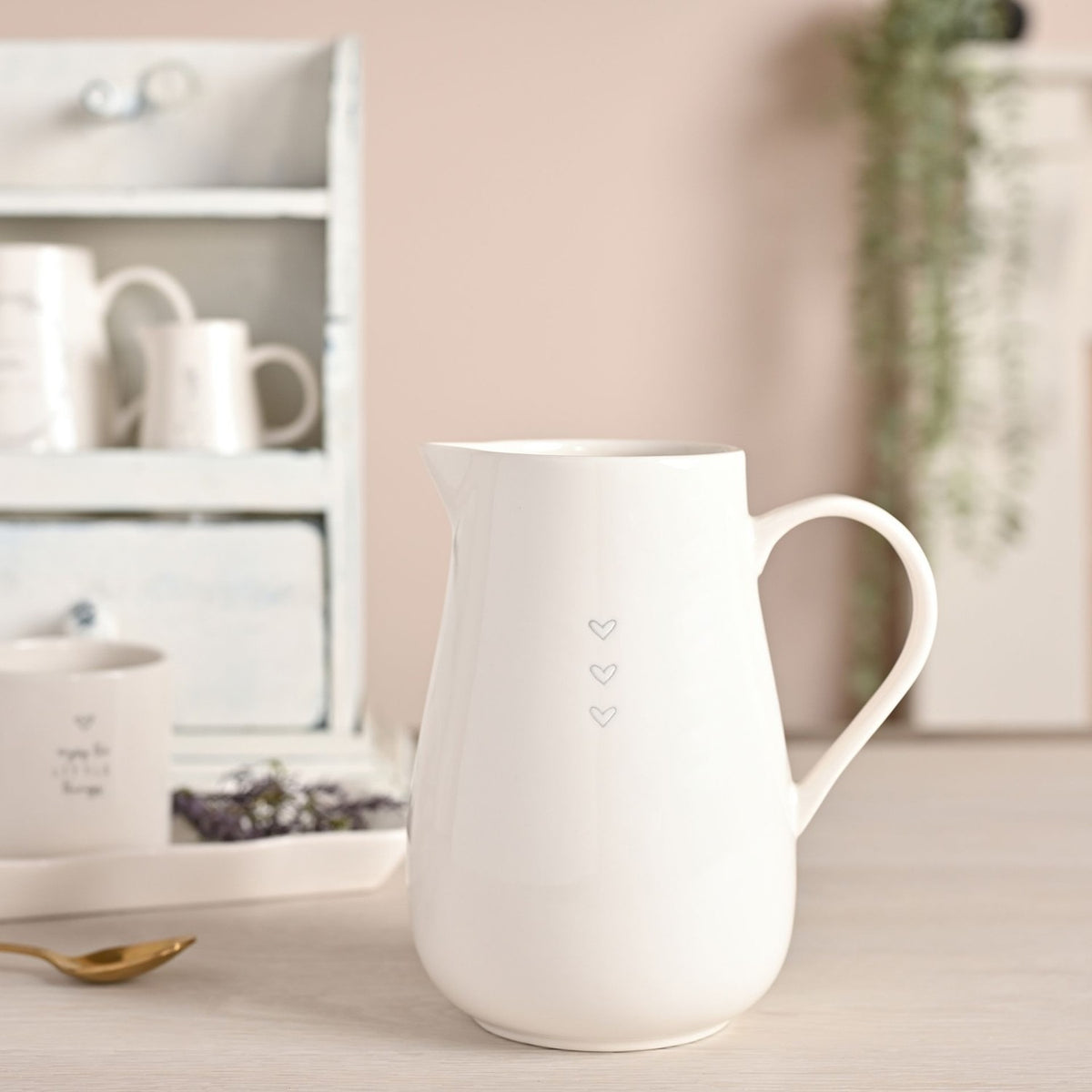 3 Hearts Glazed Stoneware Jug with Pouring Lip - Off White