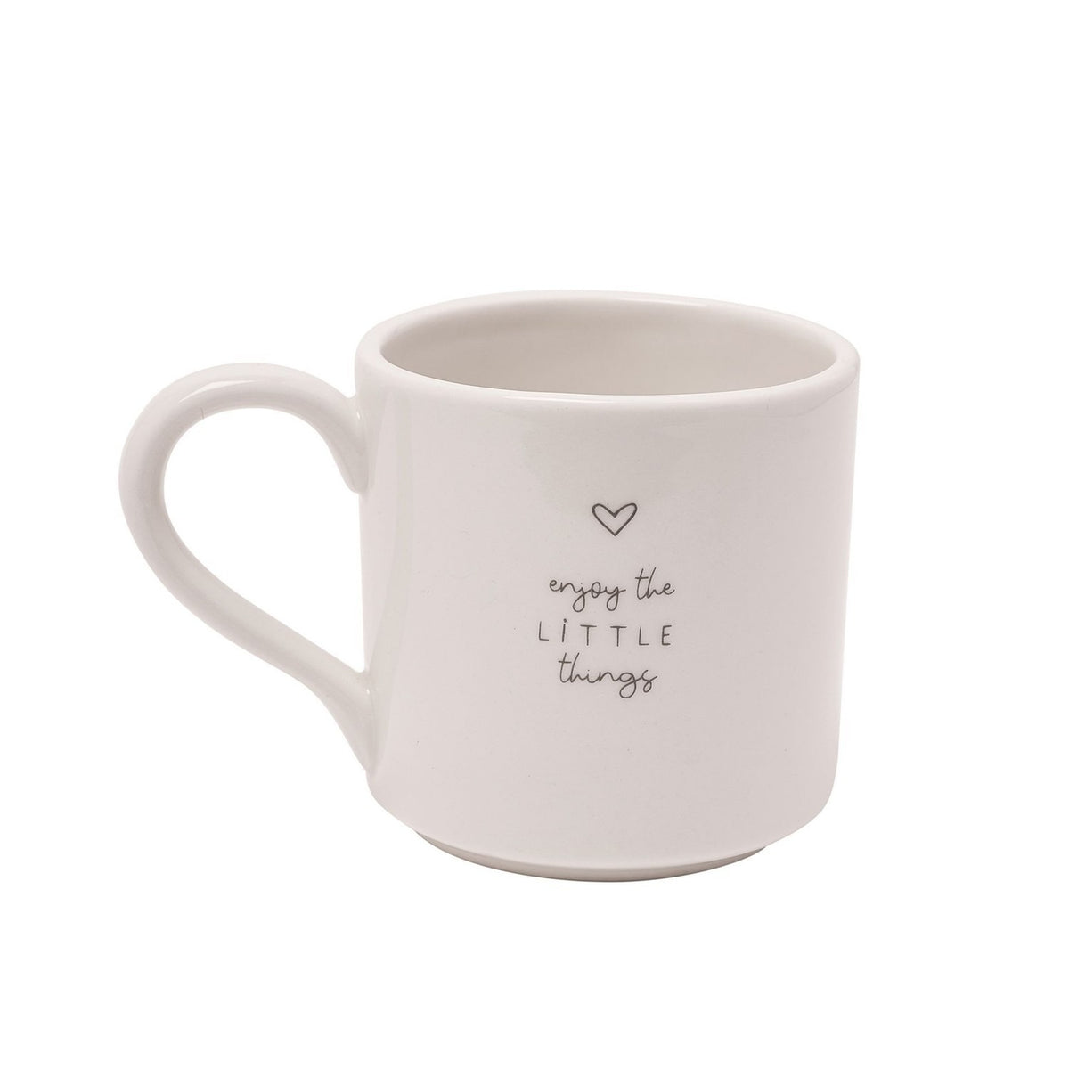 Off-white stoneware mug with a rounded handle, featuring a small heart motif and "enjoy the LITTLE things" text in fine grey lettering, shown on a plain white background.