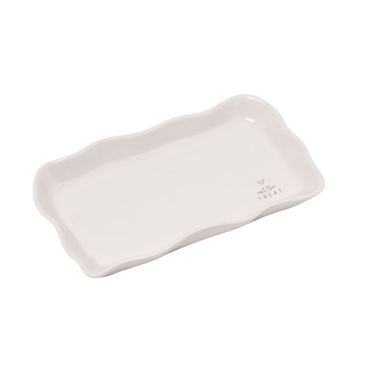 Off-white stoneware rectangular plate with a softly waved, scalloped rim and a small heart and "eat the TREAT" text in one corner, shown on a plain white background.
