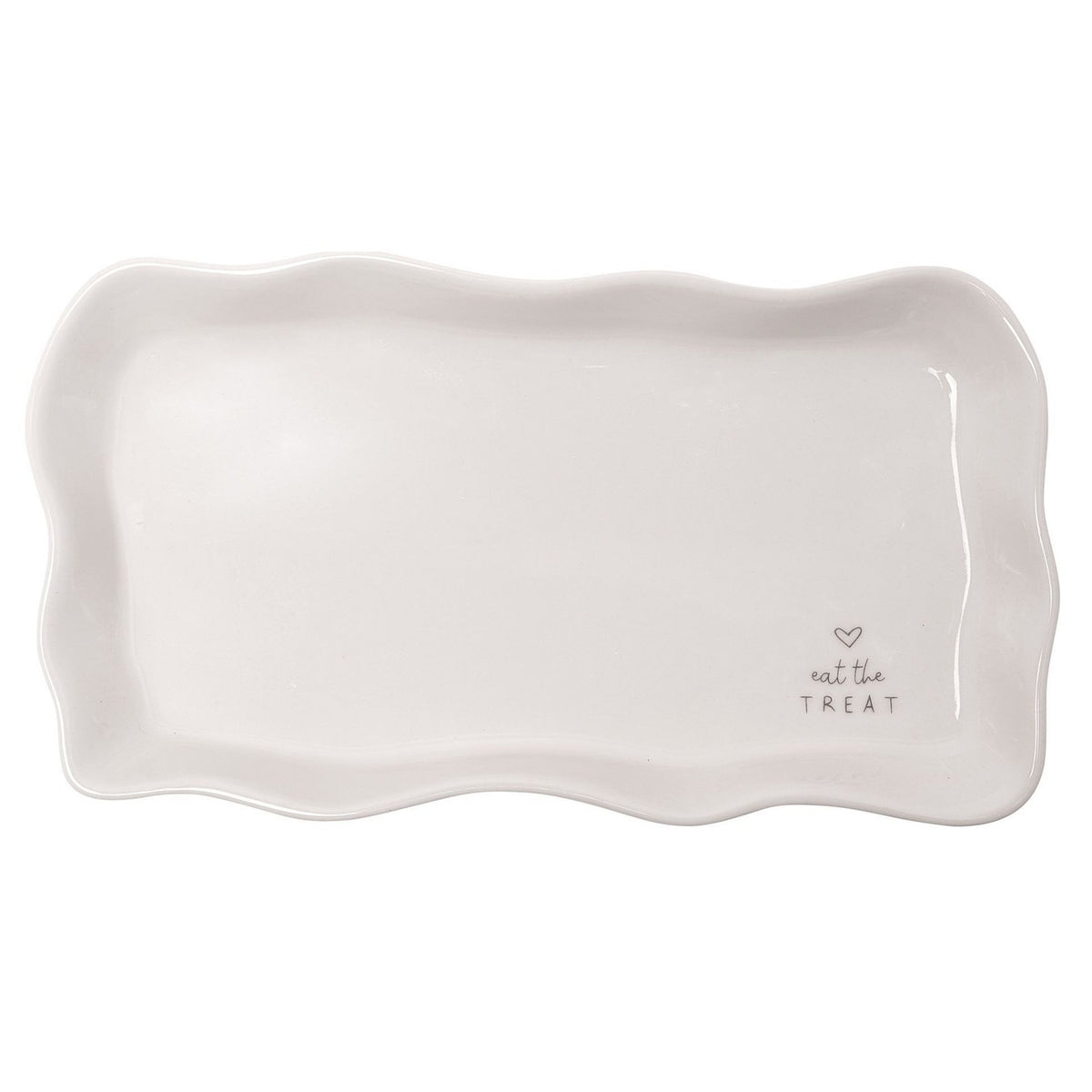Off-white stoneware rectangular plate with a wavy, raised rim, featuring a small grey heart and "eat the TREAT" text in one corner, shown on a plain white background.