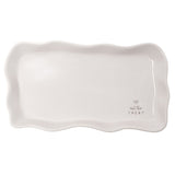 Off-white stoneware rectangular plate with a wavy, raised rim, featuring a small grey heart and "eat the TREAT" text in one corner, shown on a plain white background.