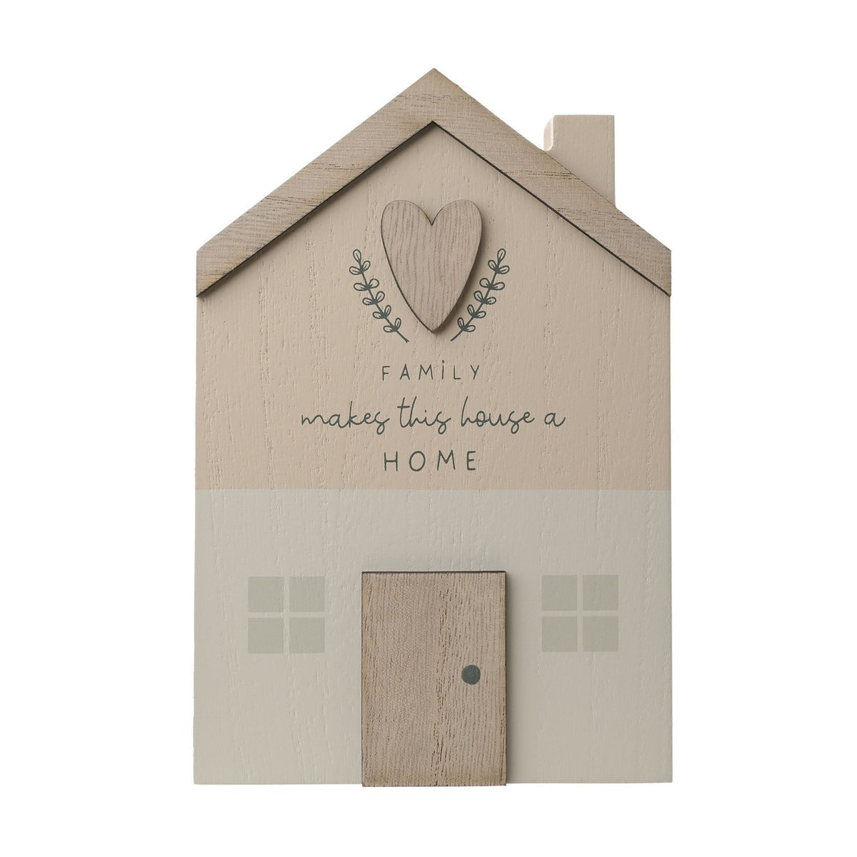Family Mini House Wooden Wall Art with Raised Heart - Beige