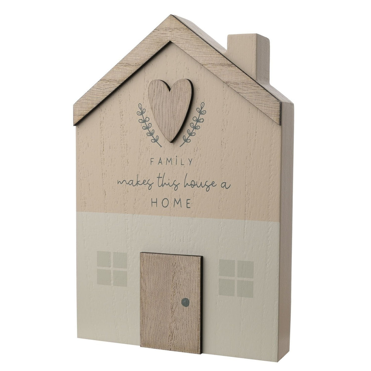 Family Mini House Wooden Wall Art with Raised Heart - Beige