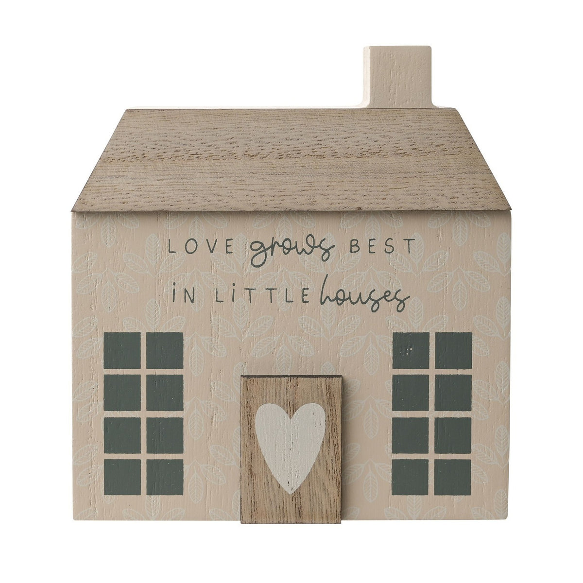 Beige wooden cottage-shaped wall art with leaf print, natural wood roof and chimney, grey-green windows, heart-adorned door, and text reading Love Grows Best in Little Houses.