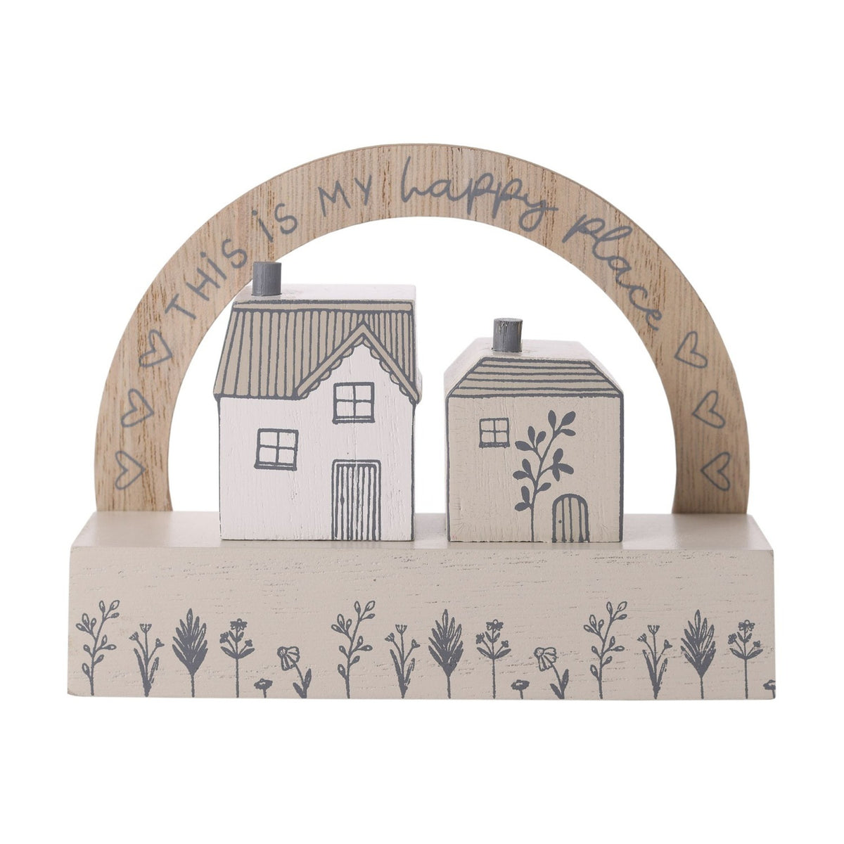 My Happy Place Arched Little Houses Wooden Plaque - Grey