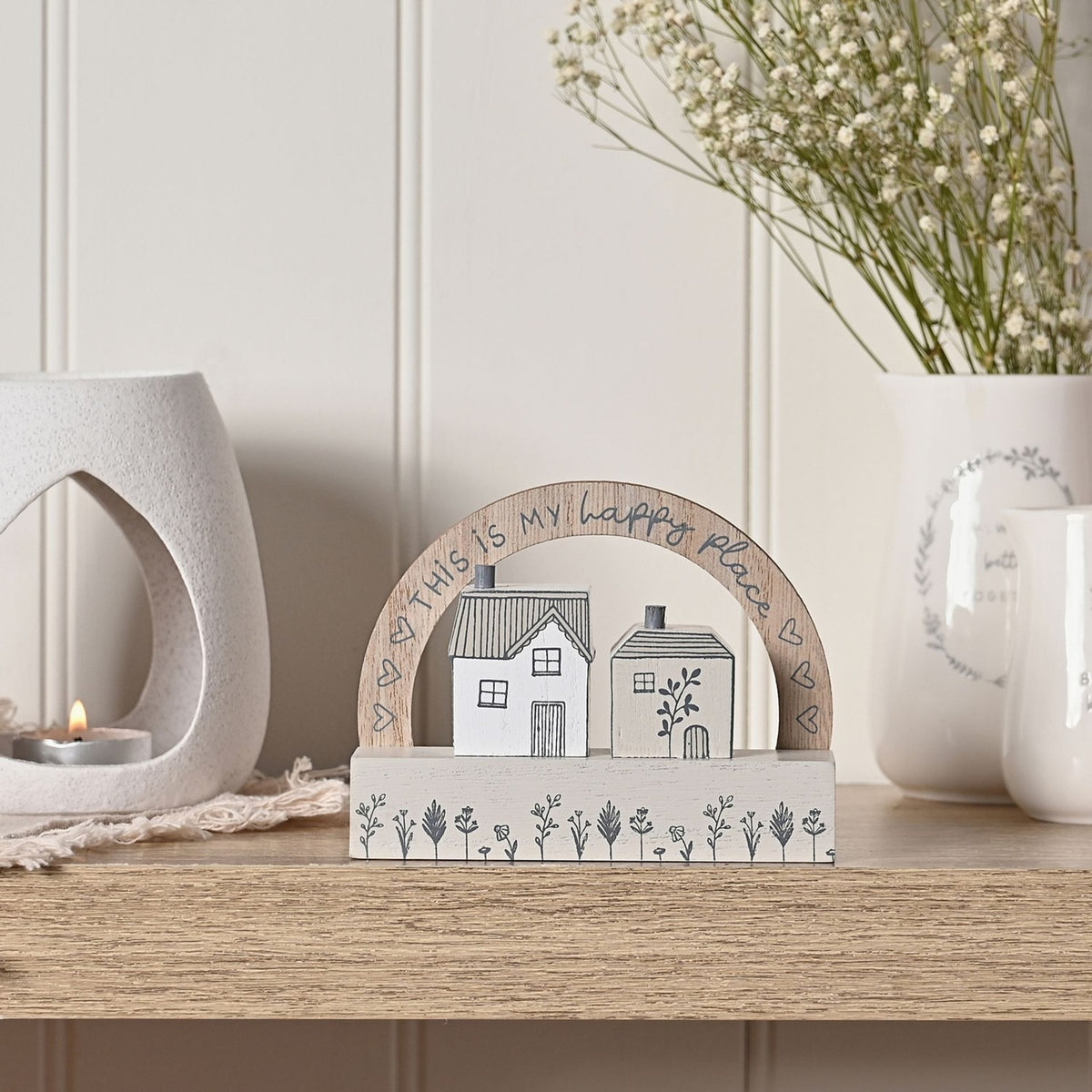 My Happy Place Arched Little Houses Wooden Plaque - Grey