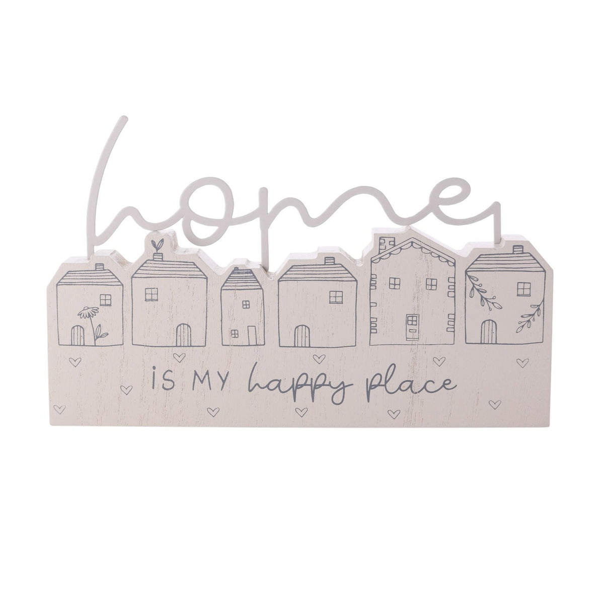 Wooden mantel plaque in grey and white with a row of six line-drawn houses and a scripted "home" topper, reading "home is my happy place", on a plain background.