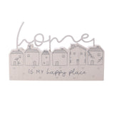 Wooden mantel plaque in grey and white with a row of six line-drawn houses and a scripted "home" topper, reading "home is my happy place", on a plain background.