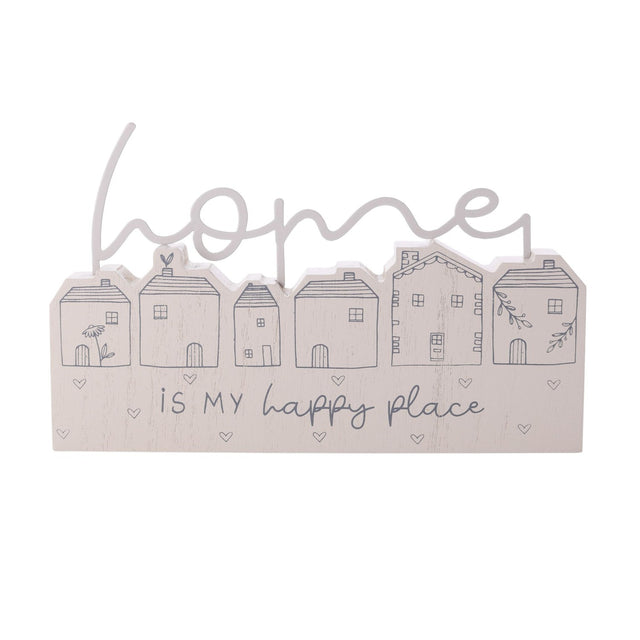 Wooden mantel plaque in grey and white with a row of six line-drawn houses and a scripted "home" topper, reading "home is my happy place", on a plain background.