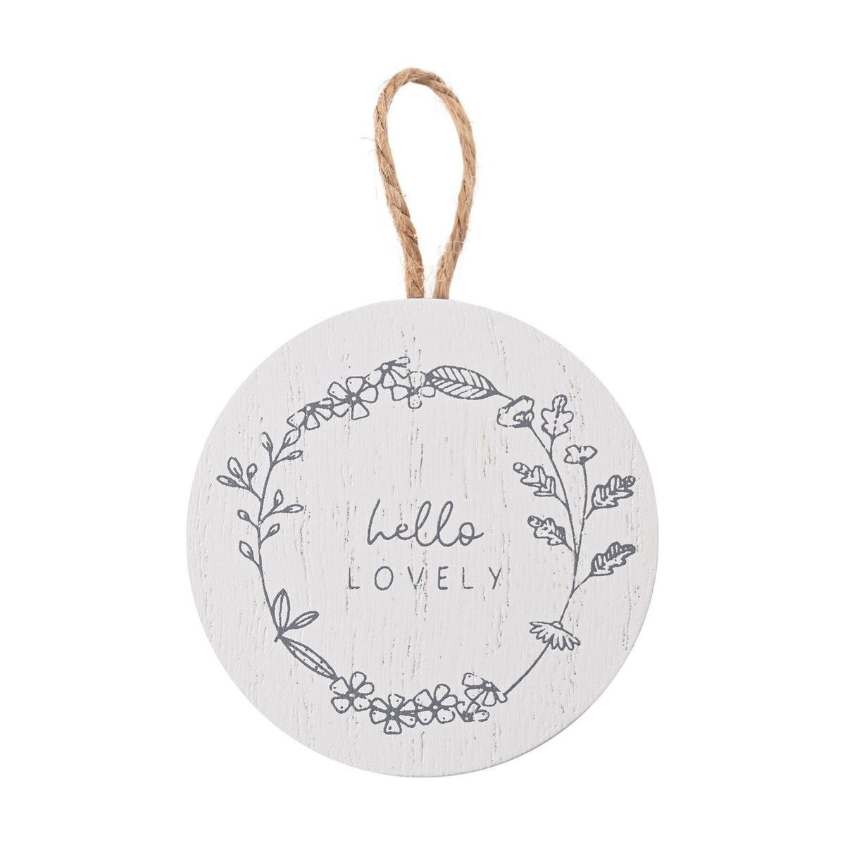 Hello Lovely Floral Round Mini Hanging Wooden Plaque - White