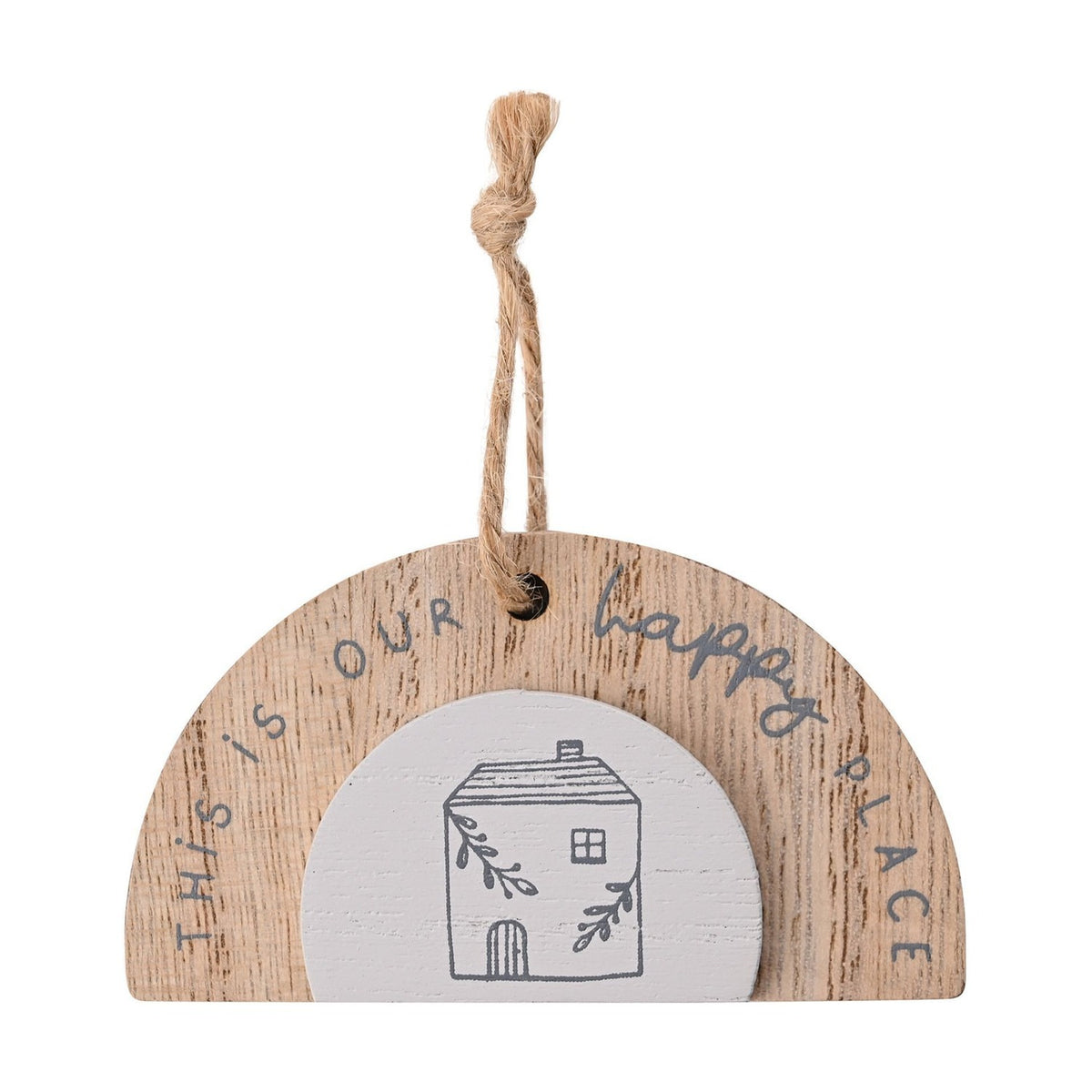 Happy Place House Arched Wooden Mini Plaque - Natural & Grey