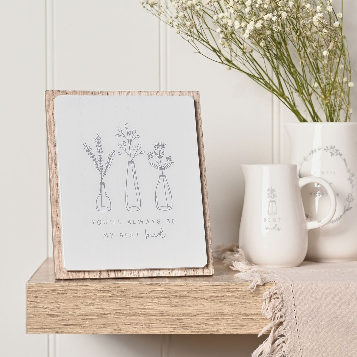 Best Bud Floral Layered Wooden Plaque with Stand - White