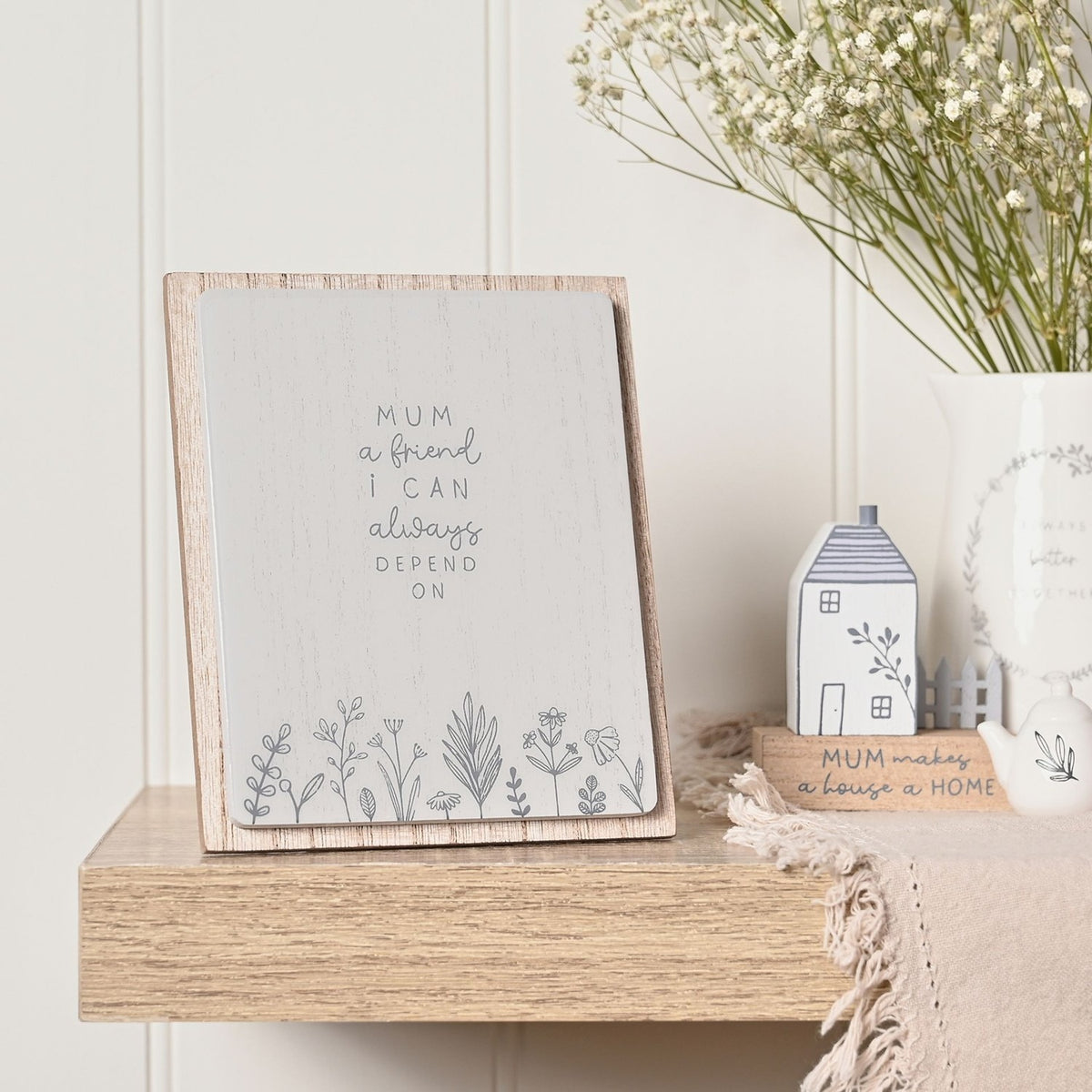 Depend on Mum Floral Layered Wooden Plaque with Stand - Grey
